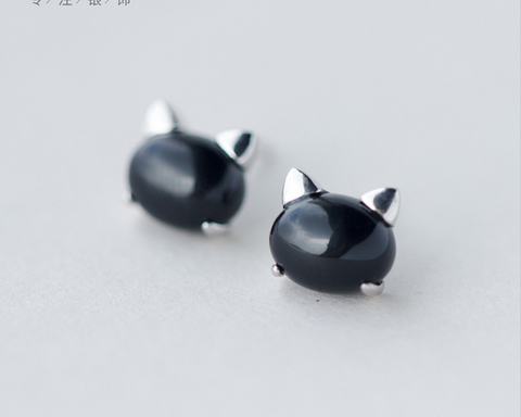 925 Sterling Silver black cat earrings,cute cat earrings with gift box