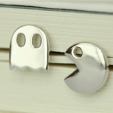 925 Sterling Silver Pac-Man and Ghost Arcade Game Silver Stud Earrings