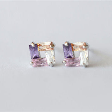 Square Colorful Crystal Shining Sterling Silver Stud Earrings